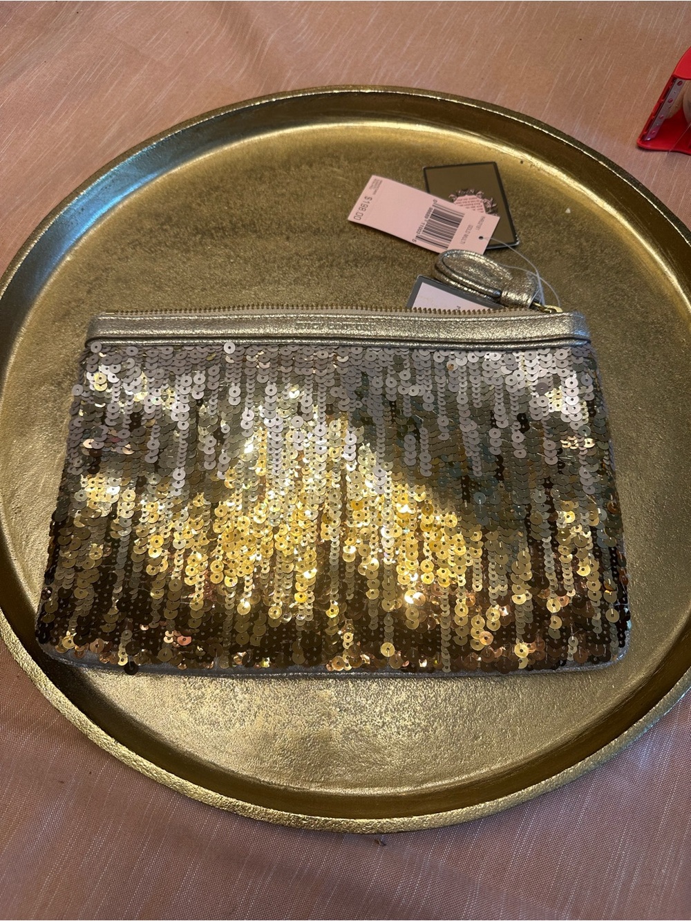 Juicy Couture Sequin Zip Pouch Clutch ombre Silver and Gold NWT